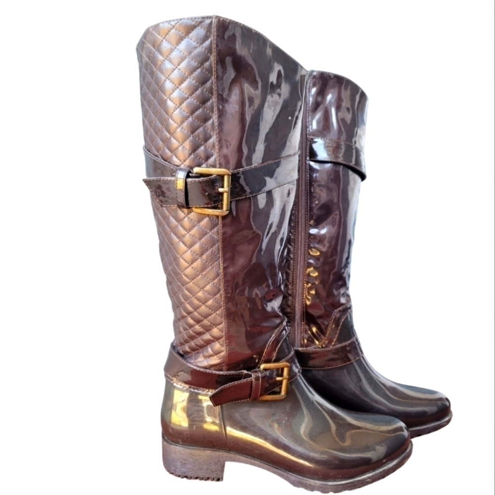 Steve Madden Quilted Patent Leather Knee High Rain Winter Boots in B…